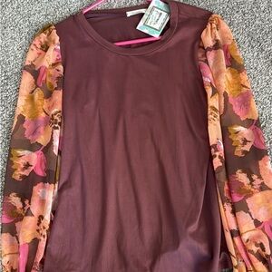 Sheer Floral Puff-Sleeve Long Sleeve Top - Burgundy